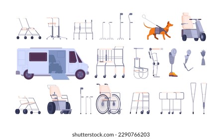 Walker devices. Variety walkers mobility and medical equipment for person with disability, wood wheelchair crutch walking prosthetics,splendid vector illustration of walker device and medical support