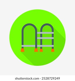 Icono plano del caminante aislado en el fondo coloreado circular con la sombra larga. Para signos, símbolos, infografías, presentaciones o Web.	