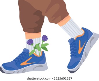 Patas de andador en zapatillas azules con flores. Calzado de verano aislado sobre fondo blanco