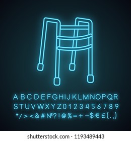 Walker neon light icon. Walking frame. Mobility aid. Handicap equipment. Glowing sign with alphabet, numbers and symbols. Vector isolated illustration