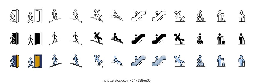 Walker set icons. Linear, silhouette and flat styles. Vector icons.