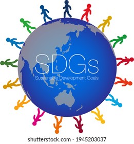 Walkers colored with 17 symbol colors are laid out at equal intervals around the illustration of the earth.The SDGs characters are laid out in the center. Created with vector data.