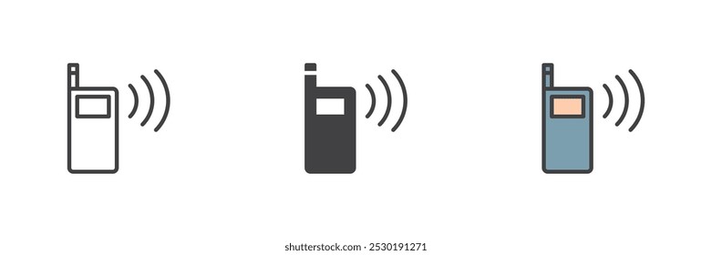 Walkie fala conjunto de ícone de estilo diferente. Linha, glifo e preenchido esboço versão colorida, contorno e sinal de vetor preenchido. Símbolo de transmissor de rádio portátil, ilustração do logotipo. Gráficos vetoriais