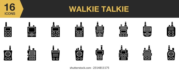 Conjunto de ícones Walkie Talkie Glyph. Inclui Walkie, Talkie, rádio, frequência, transmissor, eletrônica e muito mais. Coleção vetorial de ícones sólidos.