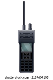 Walkie talkie icon for industrial use. Portable radio transceiver. Travel black portable mobile device. Vector illustration isolated on white background