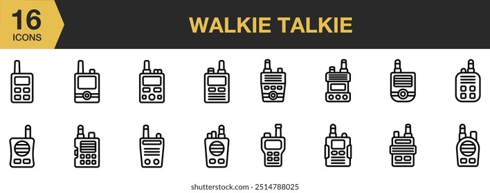 Conjunto de ícones Walkie Talkie. Inclui Walkie, Talkie, rádio, frequência, transmissor, eletrônica e muito mais. Contornar coleção de vetores de ícones.