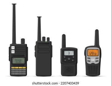 Walkie talkie portable radio digital waves receiver with antenna and buttons set realistic vector illustration. Emergency assistance call military message communication police mobility speaker display