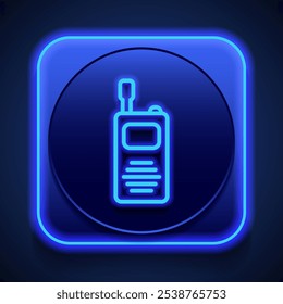 Walkie talkie simple icon. Flat design. Blue neon style on button. With shadow.ai