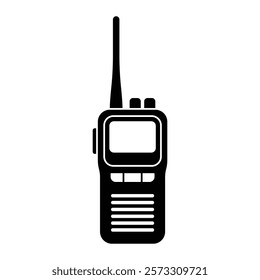 Walkie talkie vector icon. Portable radio communication device with antenna, ideal for emergency, outdoor, or security applications. Black silhouette isolated on white background.