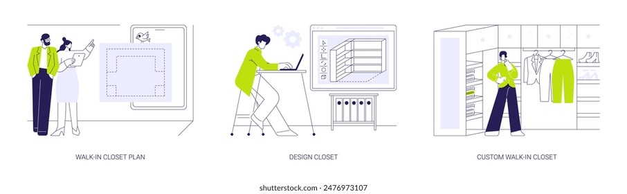 Walk-in closet layout abstract concept vector illustration set. Wardrobe plan, walk in closet 3D model, custom design project, interior software, furniture contractor service abstract metaphor.