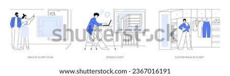Walk-in closet layout abstract concept vector illustration set. Wardrobe plan, walk in closet 3D model, custom design project, interior software, furniture contractor service abstract metaphor.