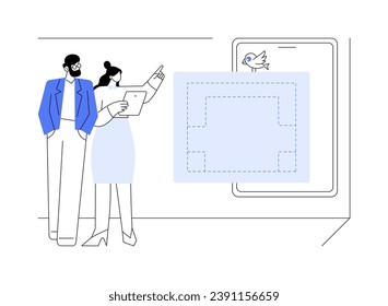Walk-in closet plan abstract concept vector illustration. Professional interior designer discusses wardrobe plan with client, private house custom interior, repair service abstract metaphor.