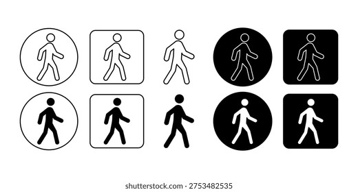 Walking activity icon set presenting pedestrian movement poses suitable for transportation guidance public signage fitness lifestyle education and mobility information.