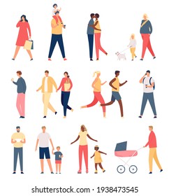 Walking adults and kids. Flat parents, children, happy family and couples. Father with stroller, mother and girl walks dog. Crowd vector set