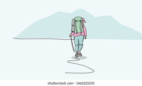 Walking adventurer with big backpak carrier ravel Lifestyle hiking adventure concept summer vacations outdoor exploring single line bad drawing with water color efect flat style illustration