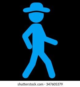 Walking Agent vector icon. Style is flat symbol, blue color, rounded angles, black background.