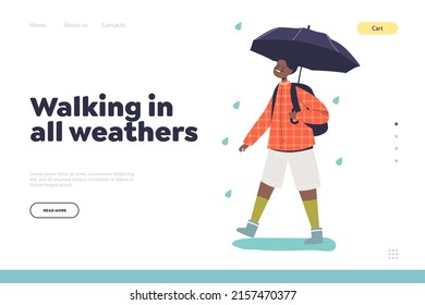 Walking in all weathers concept of landing page with african boy under umbrella in rainy weather. Happy kid in safety from rain with parasol. Children and rain. Cartoon flat vector illustration