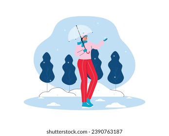 Walking alone in the park during winter holidays, carrying an umbrella when it snows, vector illustration.