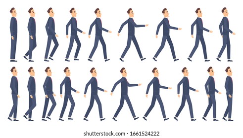 Walking animation. Business characters 2d animation key frames game cartoon sprite vector mascot