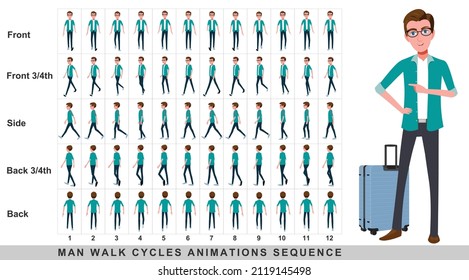 Animación a pie del hombre de negocios,Secuencia de animación del ciclo de caminata del personaje. Sprite sheet de animación de cuadro por cuadro. Secuencias de caminatas de Front, side, back, front, front 3 cuarto y back 3 cuarto.