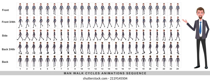 Animación a pie del hombre de negocios,Secuencia de animación del ciclo de caminata del personaje. Sprite sheet de animación de cuadro por cuadro. Secuencias de caminatas de Front, side, back, front, front 3 cuarto y back 3 cuarto.