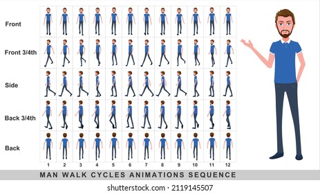 Animación a pie del hombre de negocios,Secuencia de animación del ciclo de caminata del personaje. Sprite sheet de animación de cuadro por cuadro. Secuencias de caminatas de Front, side, back, front, front 3 cuarto y back 3 cuarto.