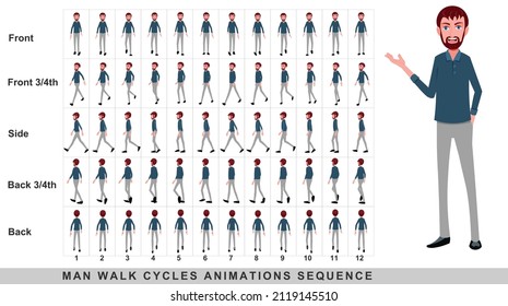 Animación a pie del hombre de negocios,Secuencia de animación del ciclo de caminata del personaje. Sprite sheet de animación de cuadro por cuadro. Secuencias de caminatas de Front, side, back, front, front 3 cuarto y back 3 cuarto.