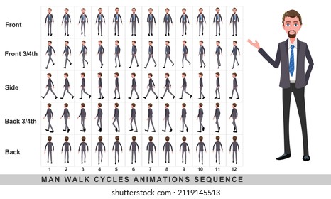 Walking animation of businessman,Character Walk Cycle Animation Sequence. Frame by frame animation sprite sheet.Man walking sequences of Front, side, back, front three fourth and back three fourth.