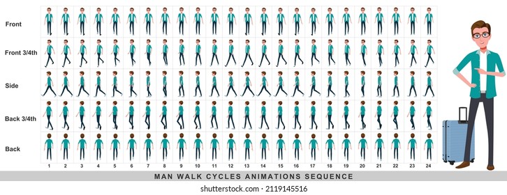 Walking Animation Of Businessman,Character Walk Cycle Animation Sequence. Frame By Frame Animation Sprite Sheet.Man Walking Sequences Of Front, Side, Back, Front Three Fourth And Back Three Fourth.