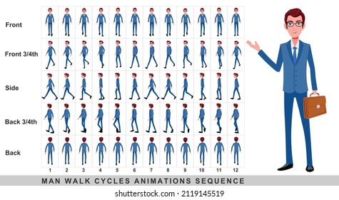 Walking animation of businessman,Character Walk Cycle Animation Sequence. Frame by frame animation sprite sheet.Man walking sequences of Front, side, back, front three fourth and back three fourth.