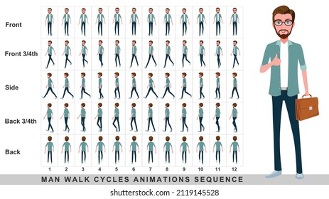 Animación a pie del hombre de negocios,Secuencia de animación del ciclo de caminata del personaje. Sprite sheet de animación de cuadro por cuadro. Secuencias de caminatas de Front, side, back, front, front 3 cuarto y back 3 cuarto.