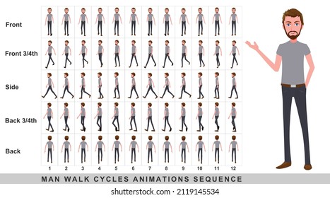 Walking animation of businessman,Character Walk Cycle Animation Sequence. Frame by frame animation sprite sheet.Man walking sequences of Front, side, back, front three fourth and back three fourth.