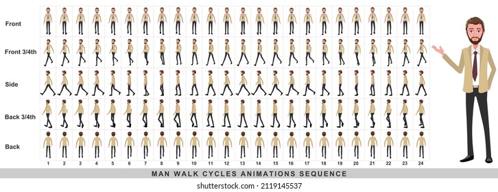 Walking animation of businessman,Character Walk Cycle Animation Sequence. Frame by frame animation sprite sheet.Man walking sequences of Front, side, back, front three fourth and back three fourth.