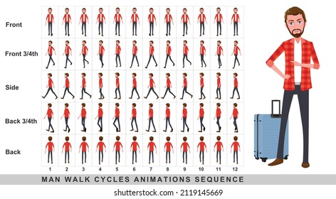 Walking animation of businessman,Character Walk Cycle Animation Sequence. Frame by frame animation sprite sheet.Man walking sequences of Front, side, back, front three fourth and back three fourth.