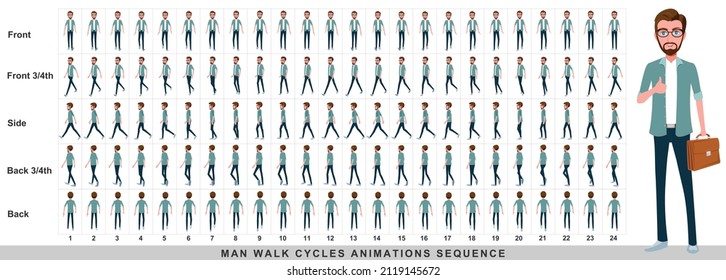 Walking animation of businessman,Character Walk Cycle Animation Sequence. Frame by frame animation sprite sheet.Man walking sequences of Front, side, back, front three fourth and back three fourth.