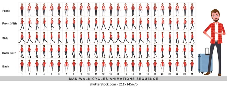 Animación a pie del hombre de negocios,Secuencia de animación del ciclo de caminata del personaje. Sprite sheet de animación de cuadro por cuadro. Secuencias de caminatas de Front, side, back, front, front 3 cuarto y back 3 cuarto.