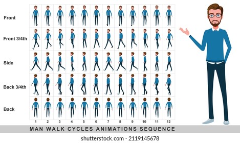 Walking animation of businessman,Character Walk Cycle Animation Sequence. Frame by frame animation sprite sheet.Man walking sequences of Front, side, back, front three fourth and back three fourth.