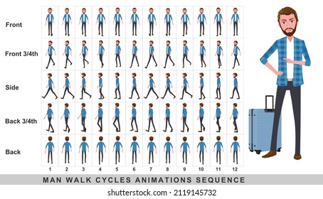 Walking animation of businessman,Character Walk Cycle Animation Sequence. Frame by frame animation sprite sheet.Man walking sequences of Front, side, back, front three fourth and back three fourth.