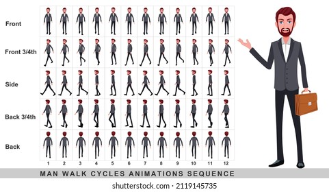 Animación a pie del hombre de negocios,Secuencia de animación del ciclo de caminata del personaje. Sprite sheet de animación de cuadro por cuadro. Secuencias de caminatas de Front, side, back, front, front 3 cuarto y back 3 cuarto.