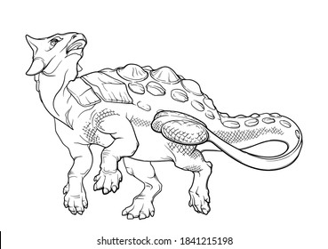 Walking ankylosaurus. Black linear hand drawing isolated on a white background. Coloring Book page. EPS10 Vector illustration