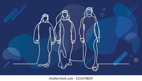 walking arab men in keffiyeh - single line drawing