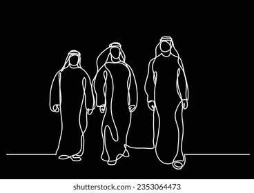 hombres árabes que caminan en keffiyeh - dibujo de una sola línea