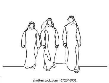 walking arab men in keffiyeh - single line drawing