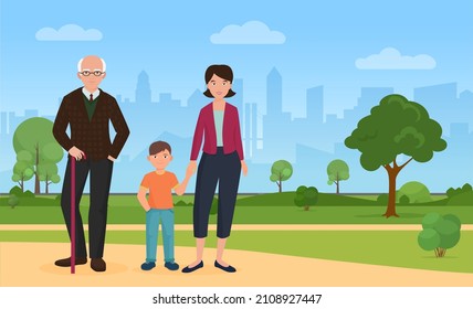 Walking around city grandfather and mother grandchild. Grandpa spending happy time outdoor with family