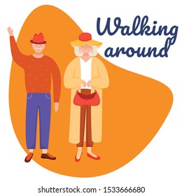 Walking around social media post mockup. Retired people. Senior age family. Advertising web banner design template. Social media booster, content layout. Promotion poster, print ads, flat illustration
