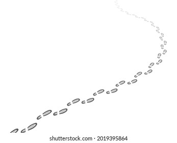 Spaziergänge gehen. Perspektive des Fußwegs. Shoe druckt Schritte. Pfadverfolgungslinie. Routenmuster. Wanderroute. Silberfüße bedruckt. Erholungsweg. Vektorkonzept