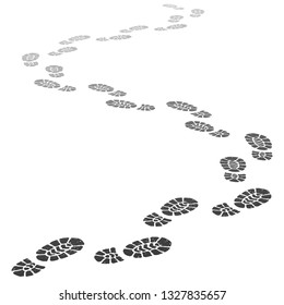 Walking away footsteps. Outgoing footprint silhouette, footstep prints and shoe steps going in perspective. Running shoe tread footprints vector illustration