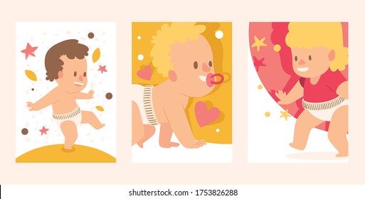 Walking babies set, girl and boy in clean diaper vector illustration. Happy children learn, take first steps. Baby smiles, crawls with pacifier in his mouth. Keep balance with little hands.