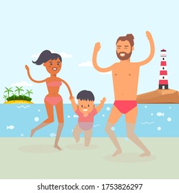 Walking baby at beach resort, clear ocean water, vector illustration. Young family with child taking their first steps in water. Parents character rejoice in son success, mom hold boys hand.