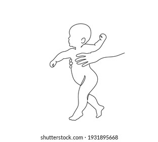 Walking Baby. First Steps Happy Maternity Concept Of Love And Family. Continuous One Line Drawing. Vector Illustration